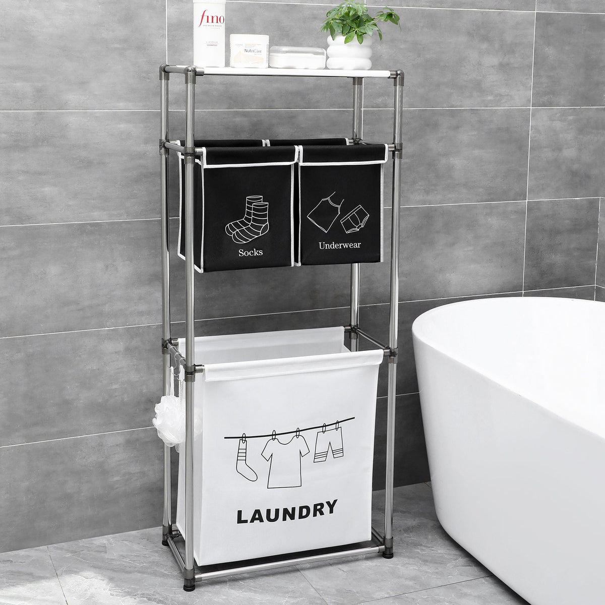 3 Tier Laundry Hamper Sorter with 4 Removable Bags - Fabric Bathroom Storage