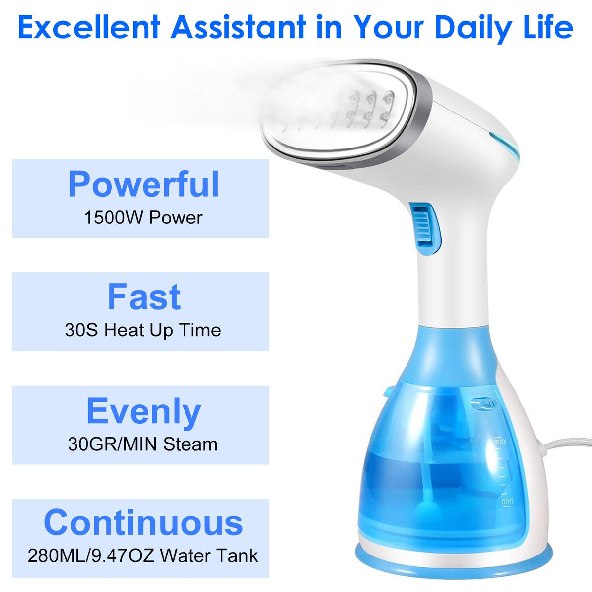 1500W Portable Handheld Clothes Steamer with 2 Brush Electric Travel Steamer for Garments Clothing Wrinkles Remover Dry Ironing Protection 30S Heat Up