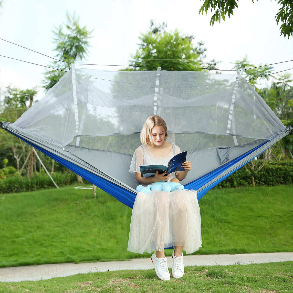 600lbs Load 2 Persons Hammock w/Mosquito Net Outdoor Hiking Camping Hommock Portable Nylon Swing Hanging Bed w/ Strap Hook Carry Bag
