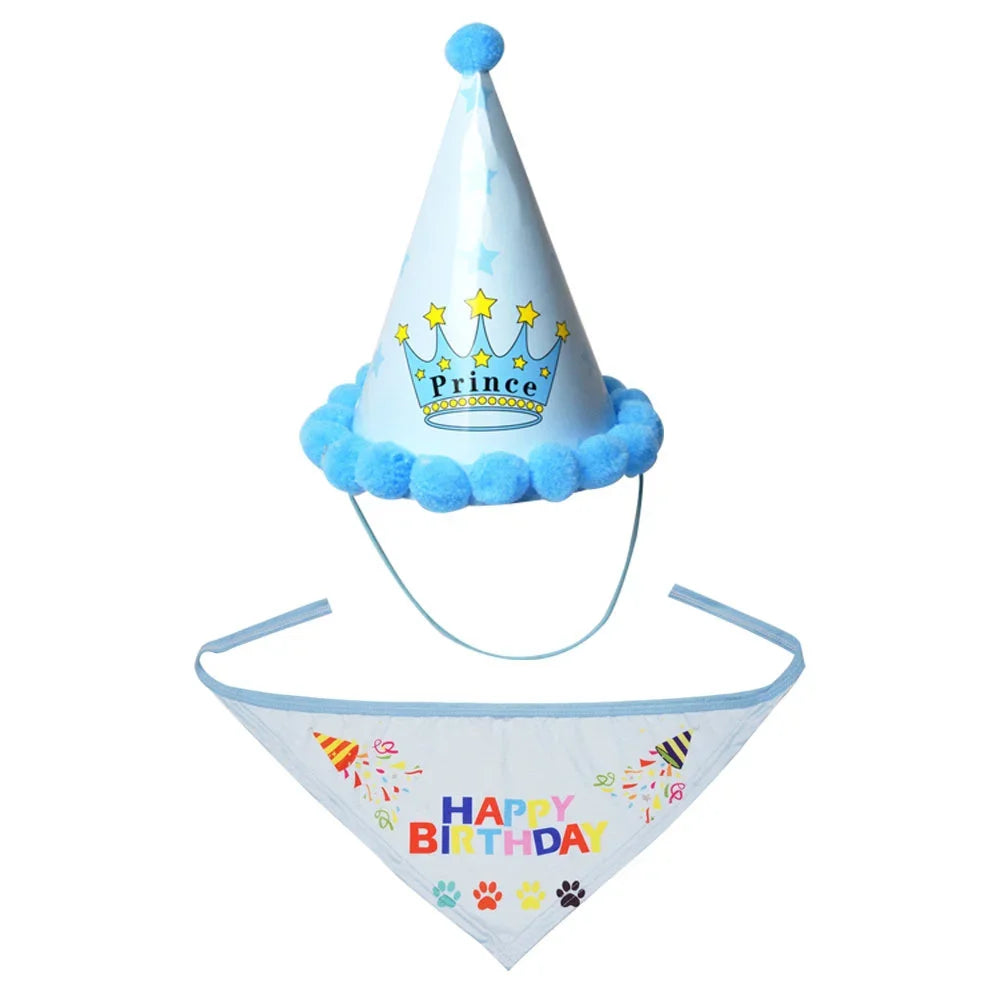 2Pcs/Set Dog Hat Bib Dog Birthday Bandana Scarf Adjustable Bandana Neckerchief Cat Dog Birthday Bib Hat Pet Supplies