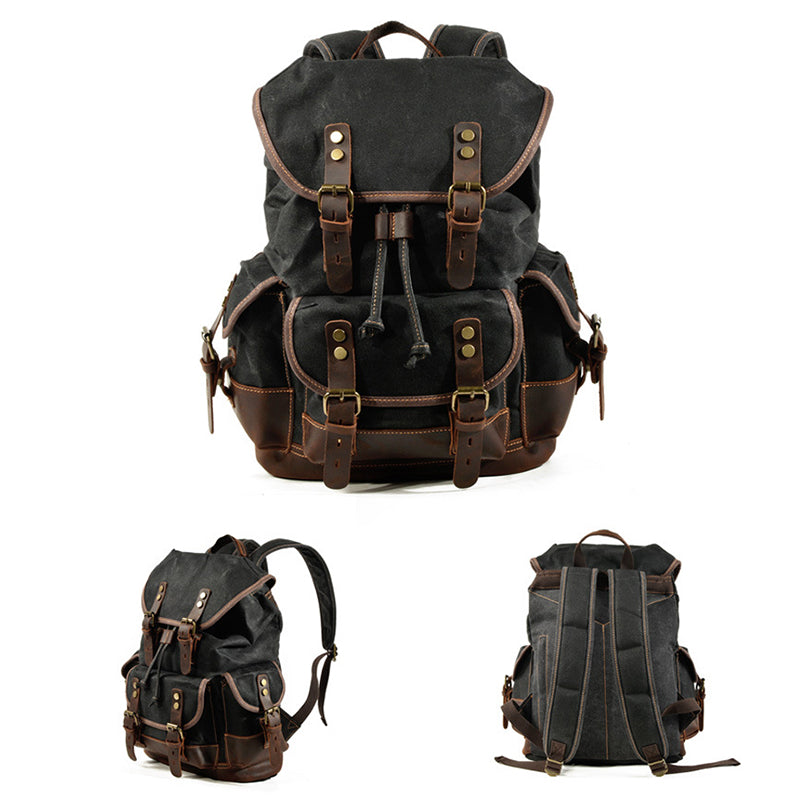 Waxed Canvas Leather Travel Rucksack Canvas With Full Grain Leather Laptop Bag Retro Waterproof Outdoor Hiking Backpack MC9508