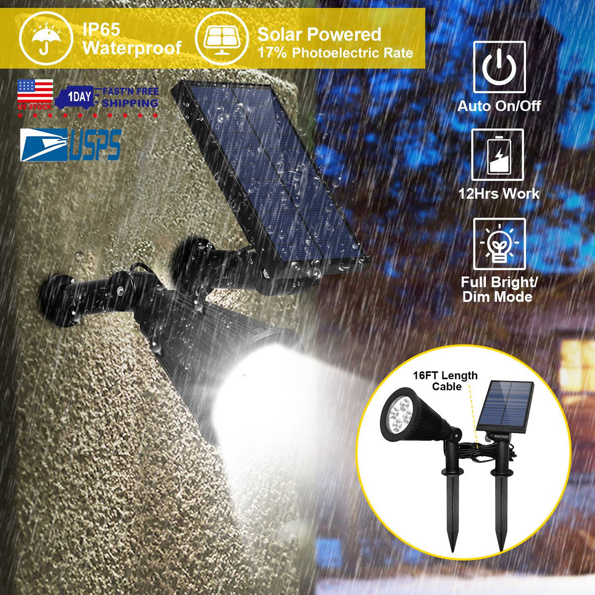 Solar Powered Spotlight Outdoor Dusk To Dawn Light Wall Path Lawn Garden Lamp Waterproof