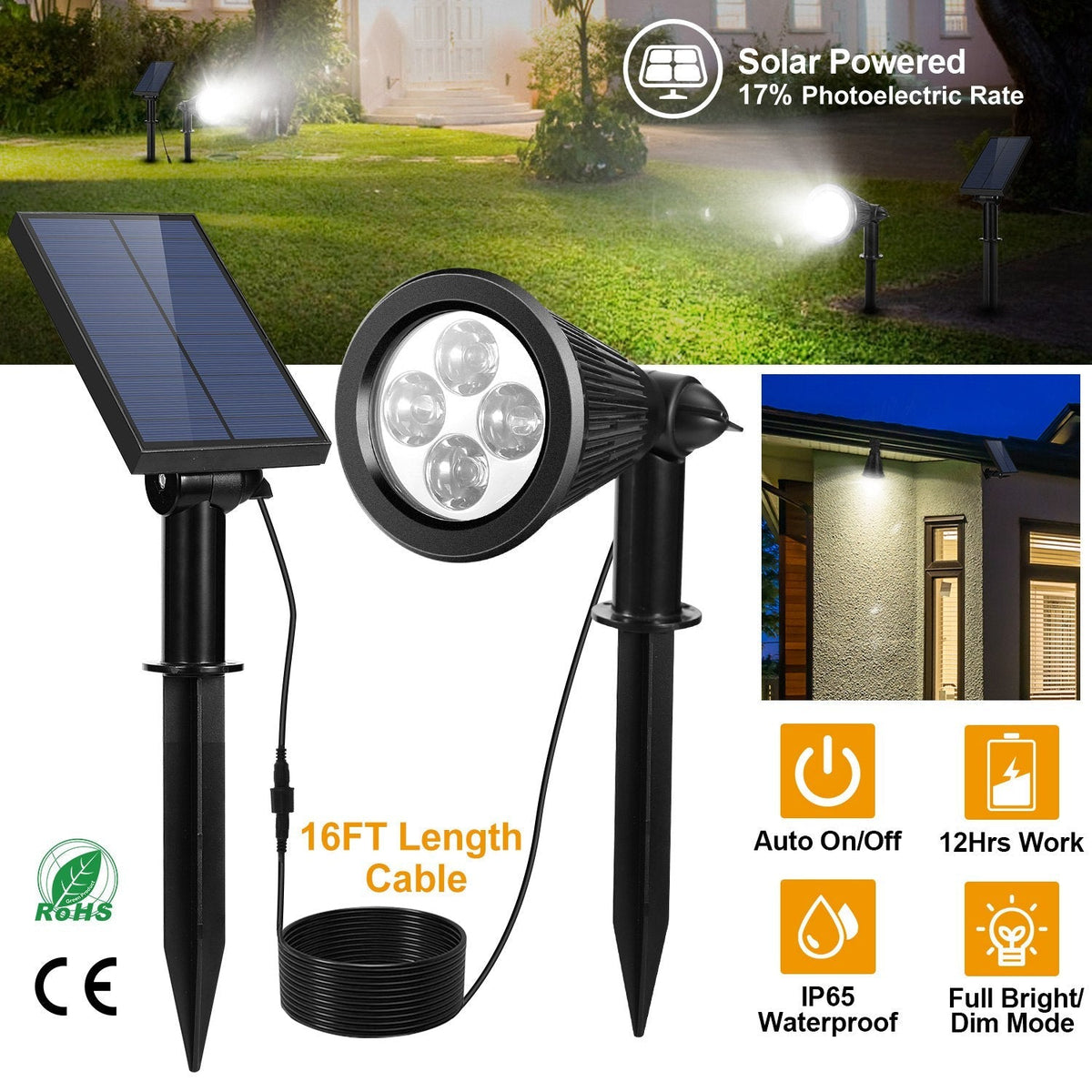 Solar Powered Spotlight Outdoor Dusk To Dawn Light Wall Path Lawn Garden Lamp Waterproof
